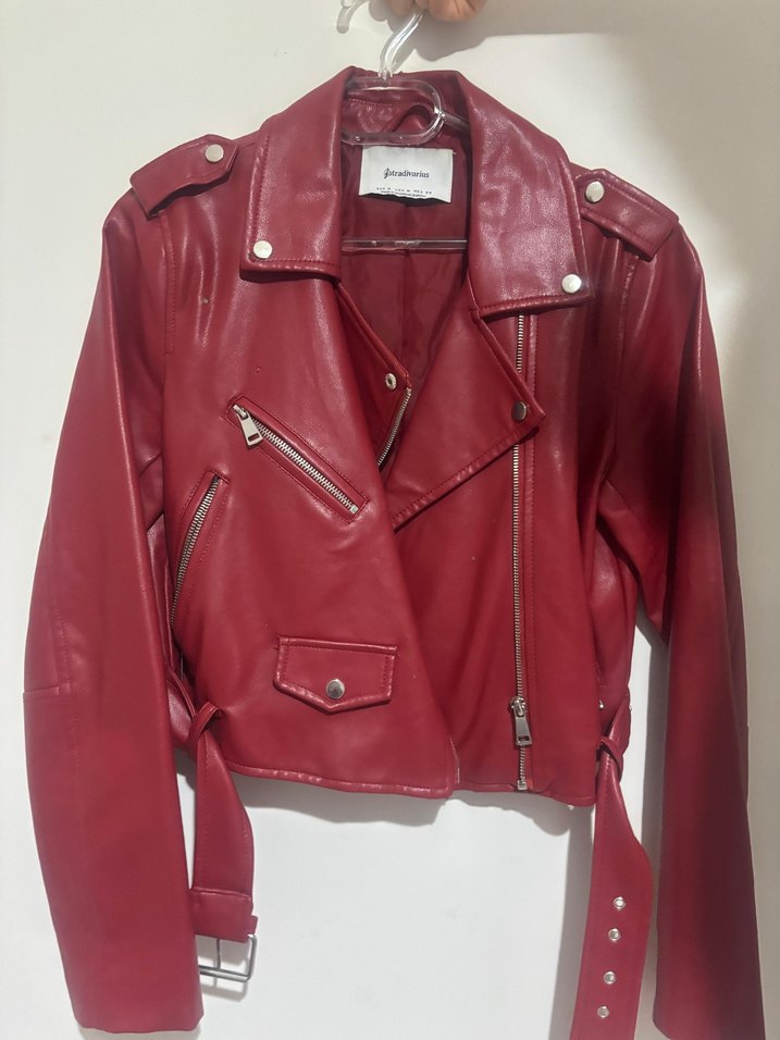 Bordo Kadın Deri Biker Ceket - Görsel 2