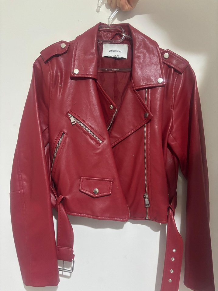 Bordo Kadın Deri Biker Ceket - Görsel 3