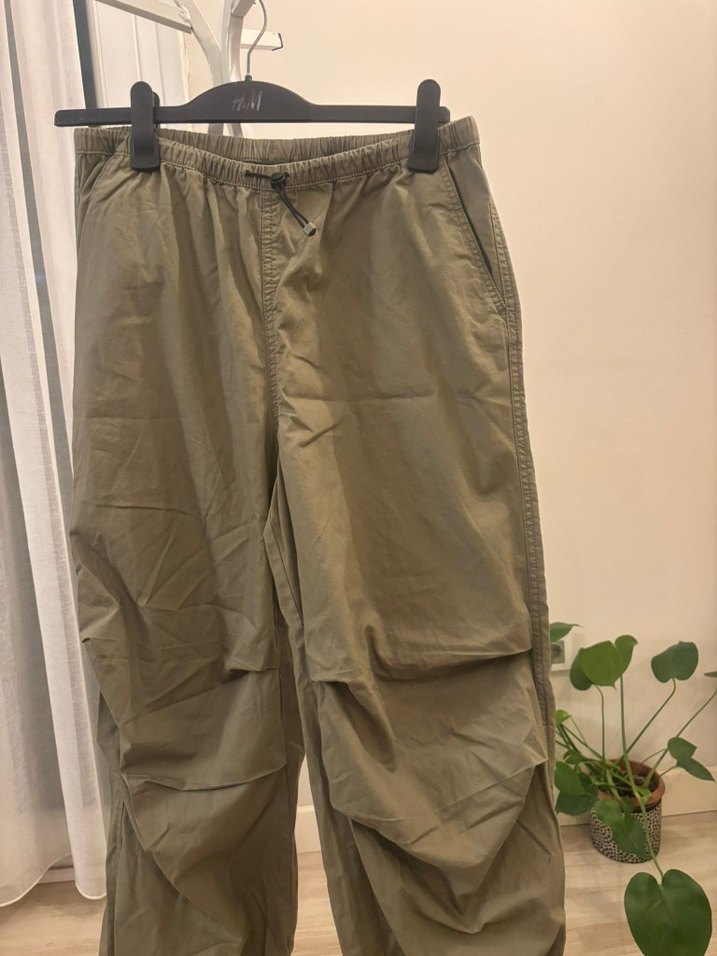 Kadın yeşil Keten Rahat Kesim Paraşüt Pantolon - Görsel 4