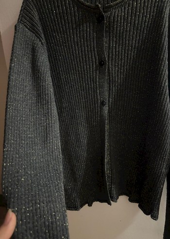 Düğmeli Gri Triko Kadın Hırka - Görsel 2