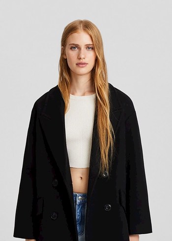 Siyah Midi Kadın Kaban Notched Yaka - Görsel 2