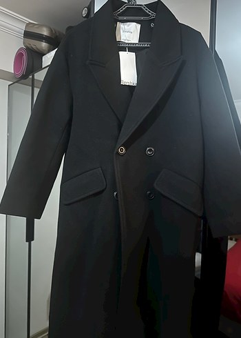 Siyah Midi Kadın Kaban Notched Yaka - Görsel 3