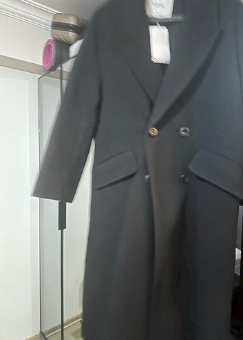 Siyah Midi Kadın Kaban Notched Yaka - Görsel 4