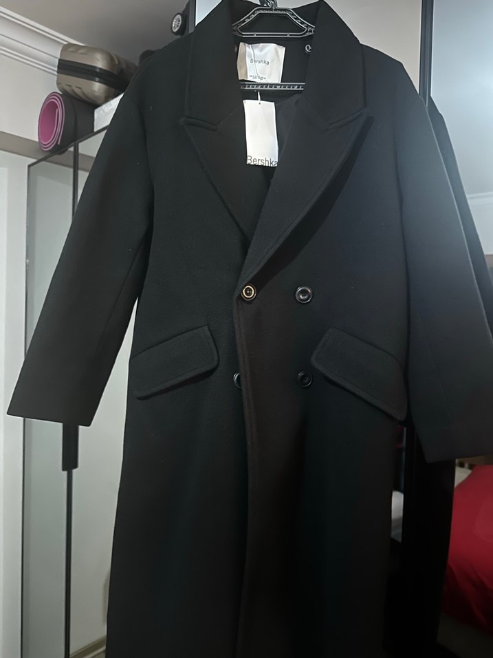 Siyah Midi Kadın Kaban Notched Yaka - Görsel 3