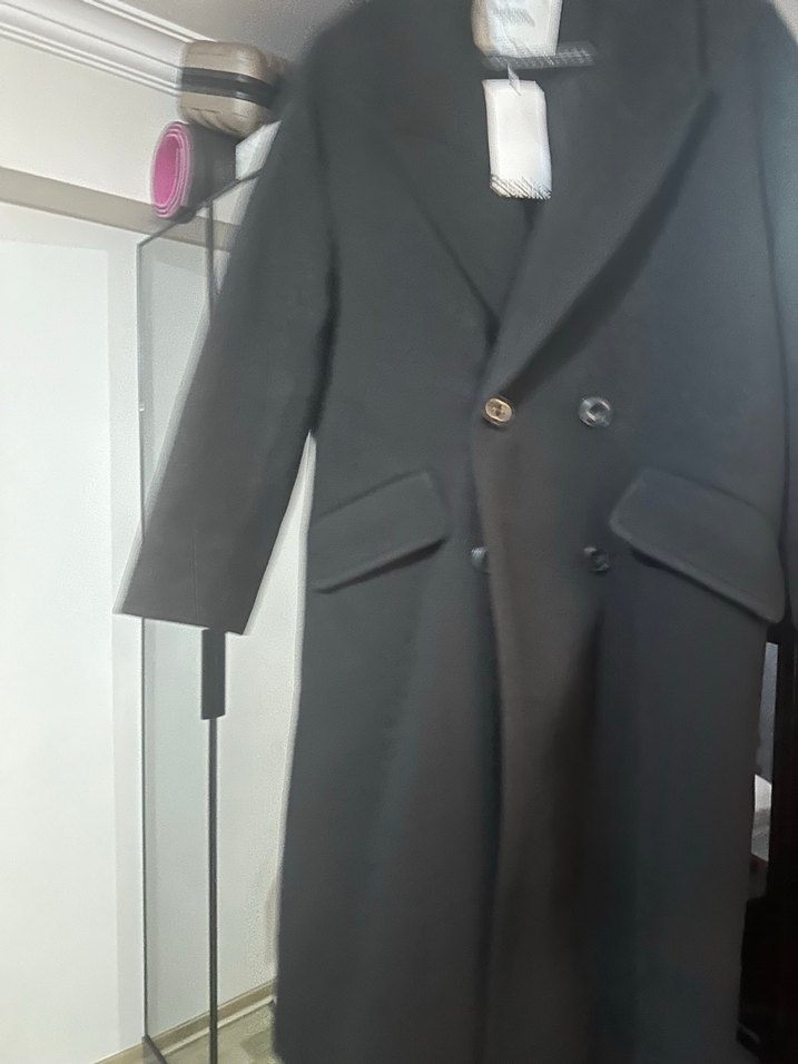 Siyah Midi Kadın Kaban Notched Yaka - Görsel 4