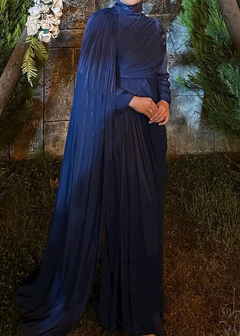 Lacivert Drapeli Uzun Abiye Elbise - Görsel 5