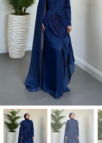 Lacivert Drapeli Uzun Abiye Elbise - Görsel 4