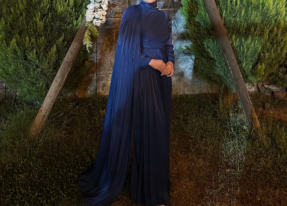 Lacivert Drapeli Uzun Abiye Elbise - Görsel 5