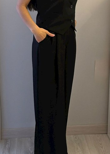 Düğmeli Siyah Keten Kadın Kumaş Pantolon ve yelek takım - Görsel 3