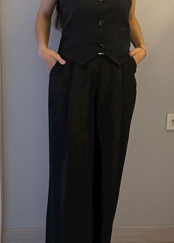 Düğmeli Siyah Keten Kadın Kumaş Pantolon ve yelek takım - Görsel 2