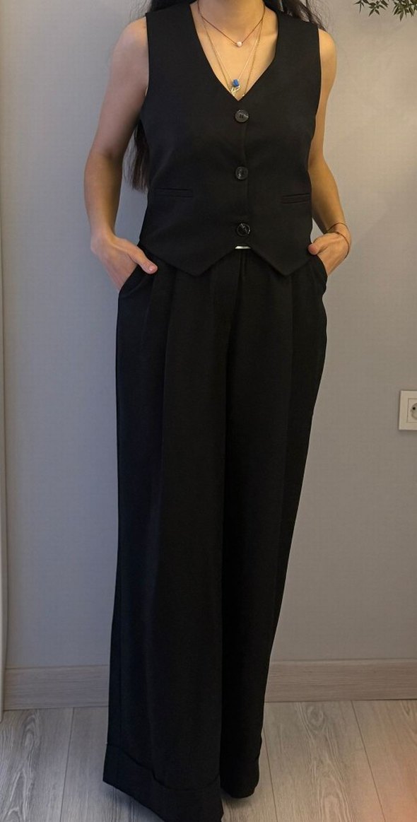 Düğmeli Siyah Keten Kadın Kumaş Pantolon ve yelek takım - Görsel 2