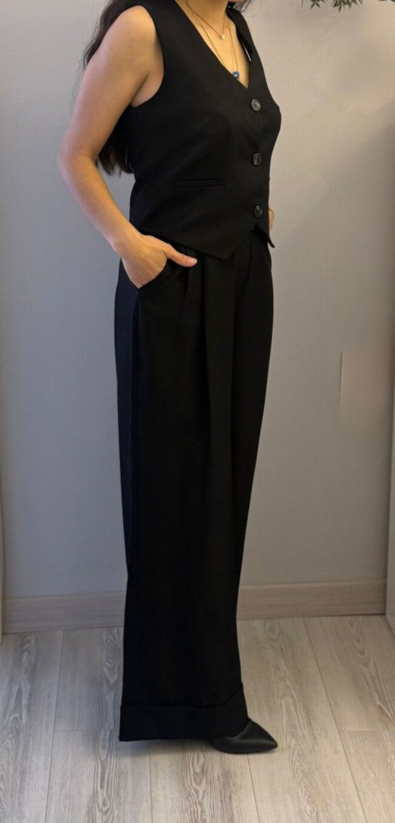 Düğmeli Siyah Klasik Keten Kadın Pantolon ve yelek takım - Görsel 2