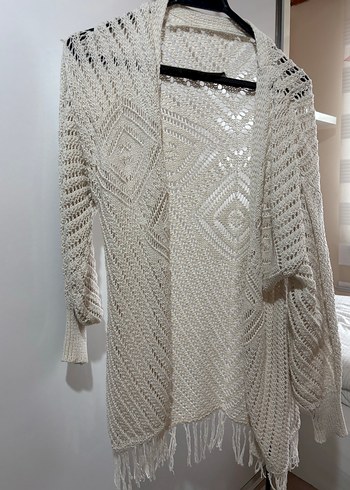 Bej Uzun Örgü Bohem Hırka - Görsel 2