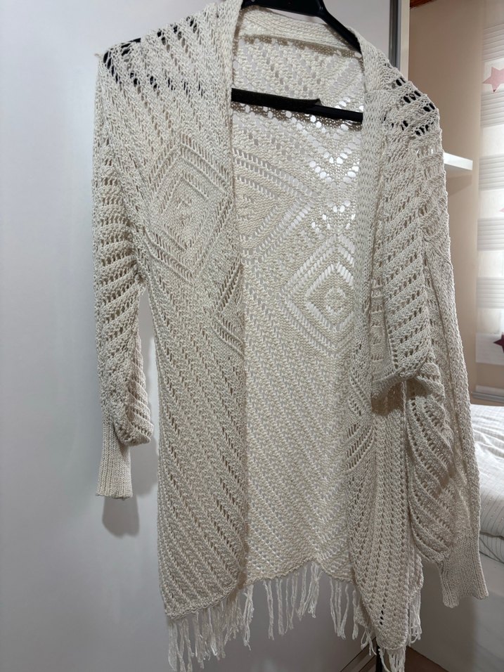 Bej Uzun Örgü Bohem Hırka - Görsel 2