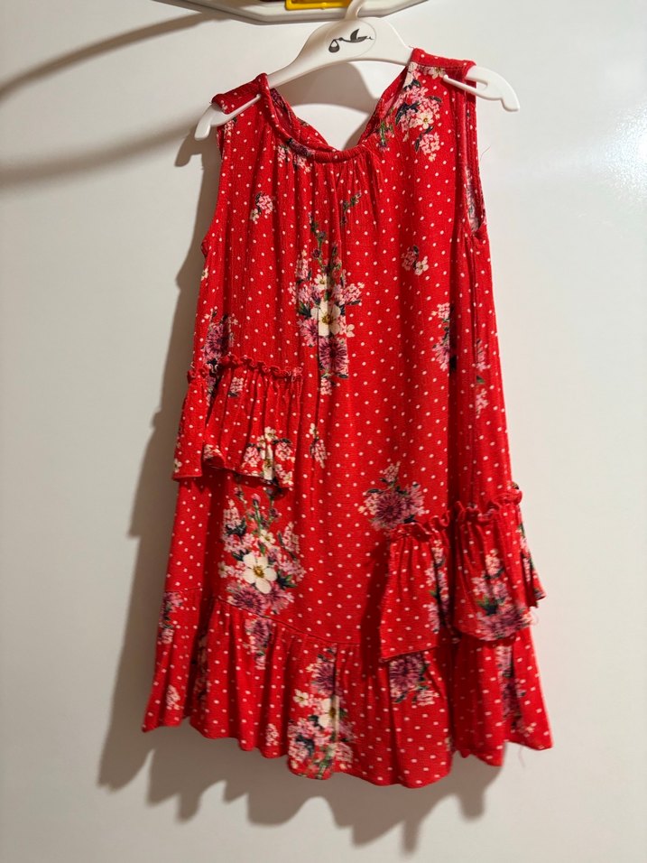 Kız Çocuk Kırmızı Çiçekli Fırfırlı Elbise - Görsel 2