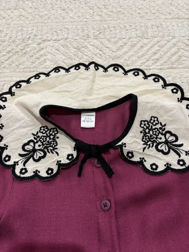 Bordo Kız Çocuk Fırfırlı Örme Elbise - Görsel 3