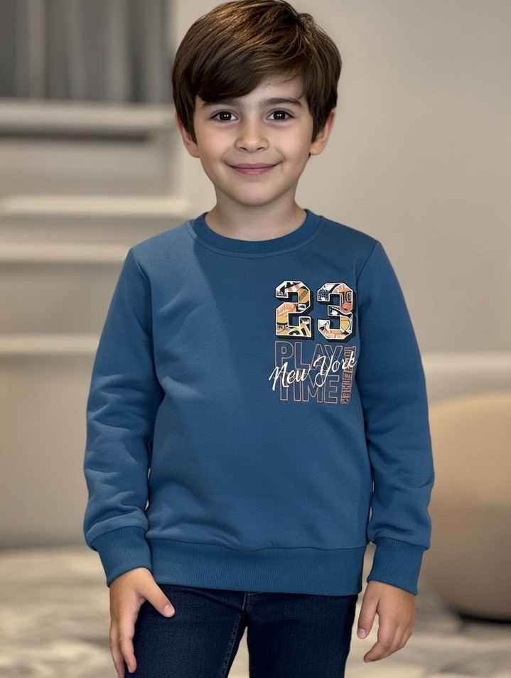 Renkli Baskılı Mavi Erkek Sweatshirt - Görsel 2