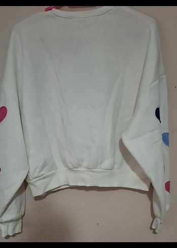 Beyaz Renkli Kalp Baskılı Pamuklu Sweatshirt - Görsel 4