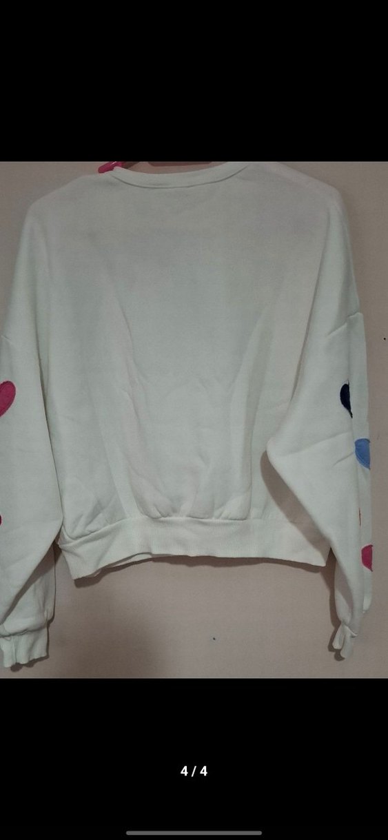 Beyaz Renkli Kalp Baskılı Pamuklu Sweatshirt - Görsel 4