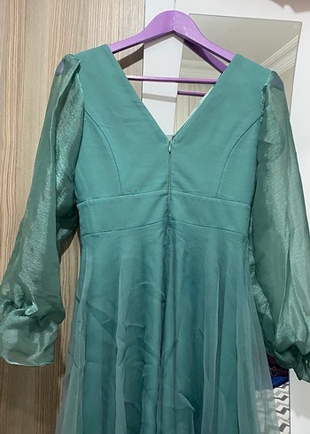 Uzun Turkuaz Drapeli Vintage Kadın Elbise - Görsel 2