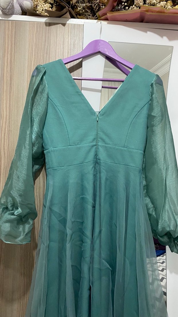 Uzun Turkuaz Drapeli Vintage Kadın Elbise - Görsel 2