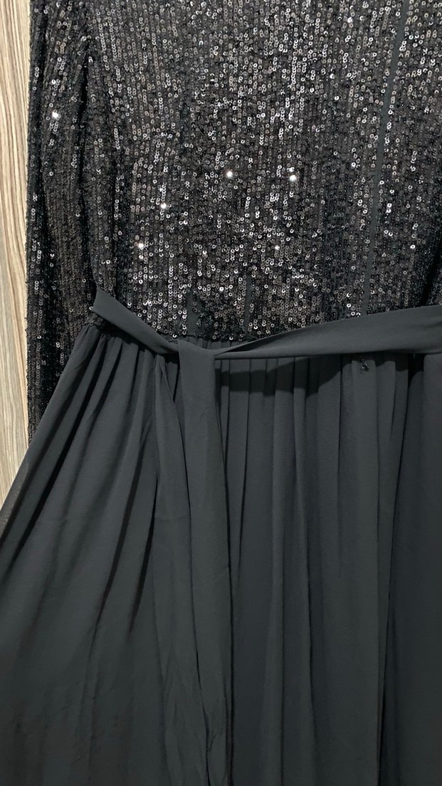 Siyah Uzun Kollu Drapeli Kadın Abiye Elbise - Görsel 2