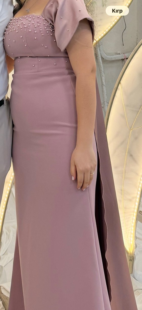 Pembe Uzun V Yaka Abiye Elbise - Görsel 3