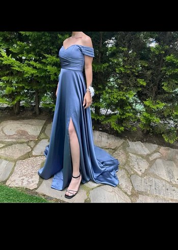 Uzun Drapeli Straplez Mavi Abiye Elbise - Görsel 2