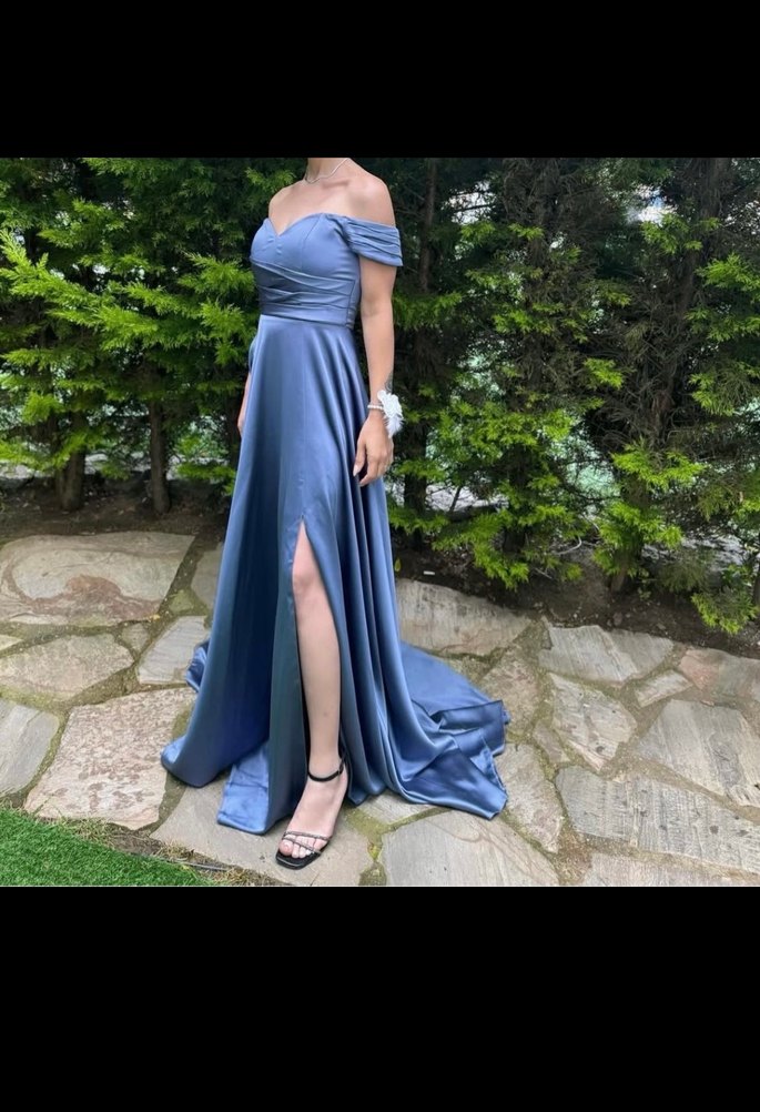 Uzun Drapeli Straplez Mavi Abiye Elbise - Görsel 2