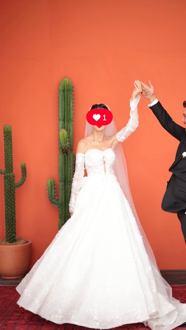 Straplez Uzun Beyaz Çiçekli Gelinlik - Görsel 4