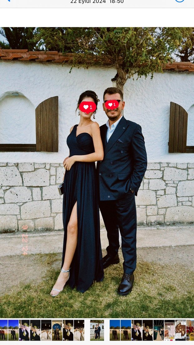 Tek omuz uzun, yırtmaçlı lacivert elbise abiye - Görsel 3