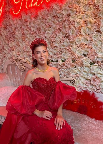 Kırmızı Straplez Payetli Uzun Abiye Elbise - Görsel 4