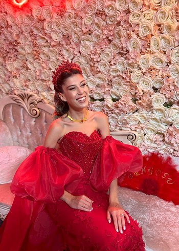 Kırmızı Straplez Payetli Uzun Abiye Elbise - Görsel 5