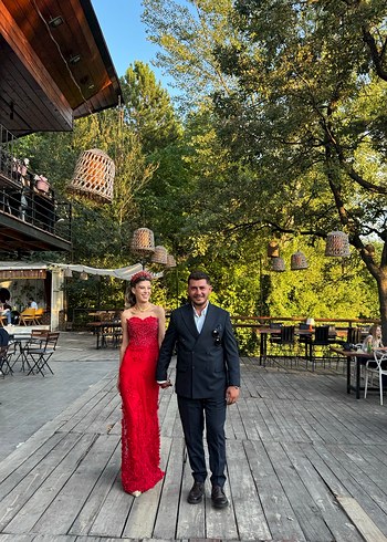 Kırmızı Straplez Payetli Uzun Abiye Elbise - Görsel 3