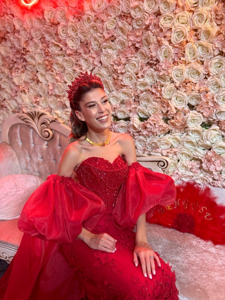 Kırmızı Straplez Payetli Uzun Abiye Elbise - Görsel 5