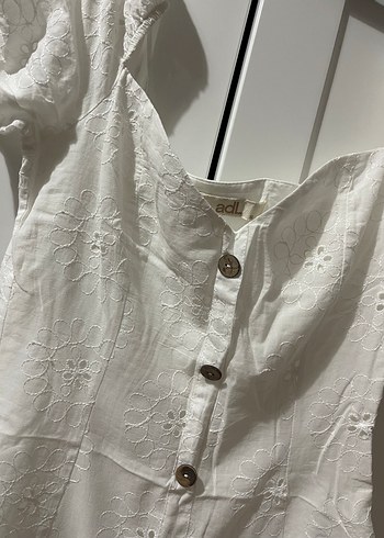 Nakışlı Beyaz Midi Keten Elbise - Görsel 2