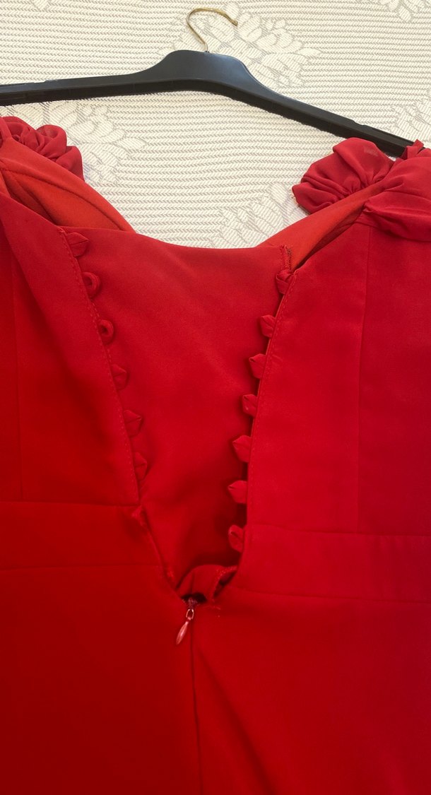 Kırmızı Drapeli Uzun Abiye Elbise - Görsel 5