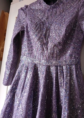 Uzun Kollu Parlak Mor Abiye Elbise - Görsel 2