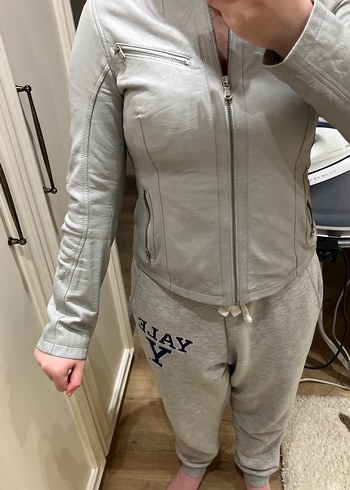 Gri Deri Kadın Biker Ceket - Görsel 4