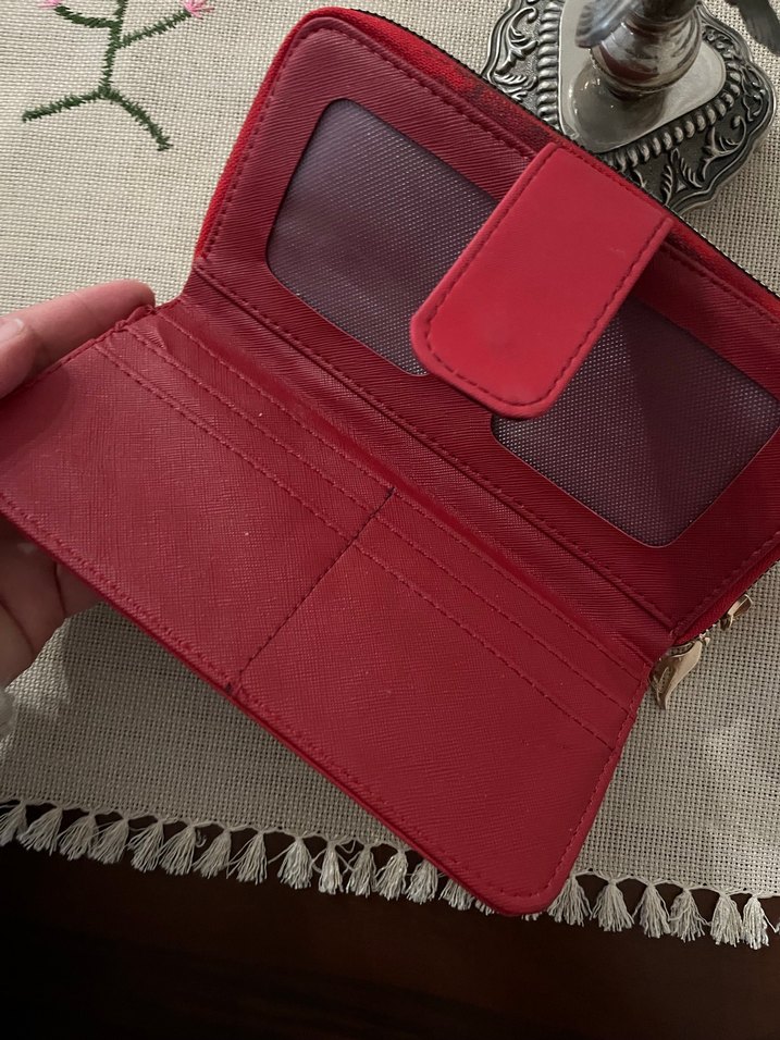 Kırmızı Süet Fermuarlı Kadın Portföy Cüzdan - Görsel 4