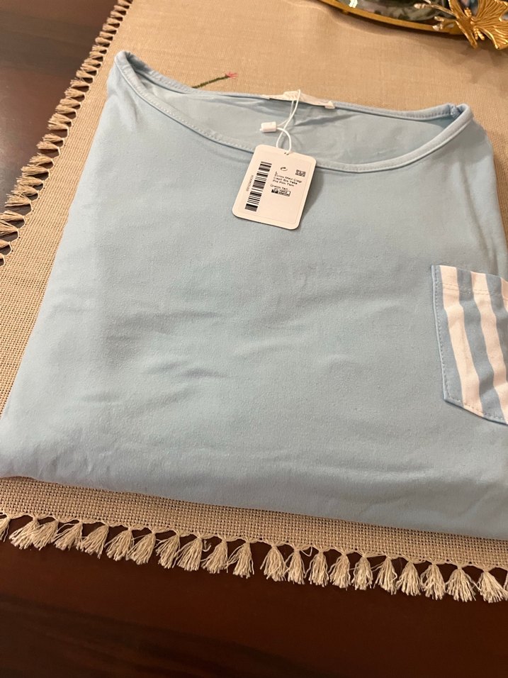 Mavi Pamuklu Kadın Pijama takımı Kısa Kollu, pijama sı uzun - Görsel 3