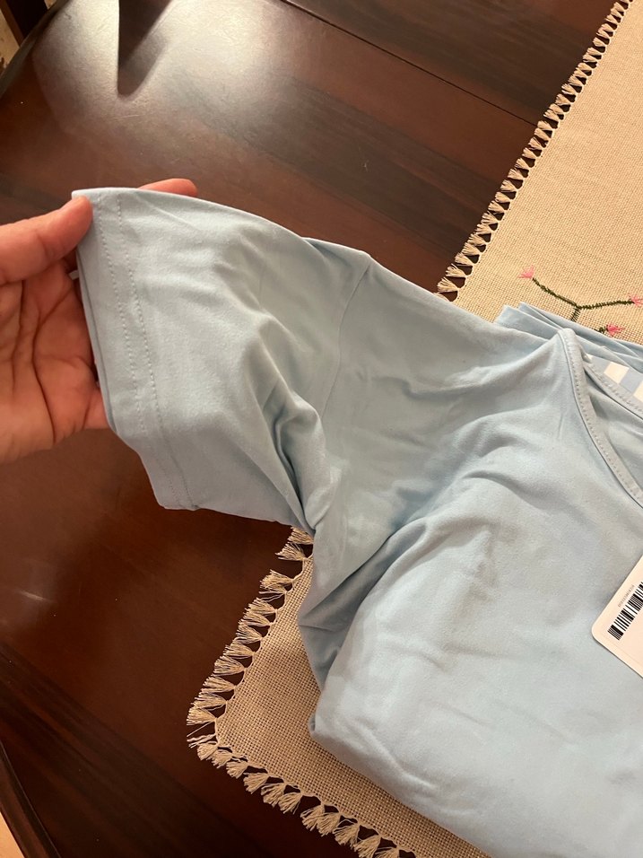 Mavi Pamuklu Kadın Pijama takımı Kısa Kollu, pijama sı uzun - Görsel 5