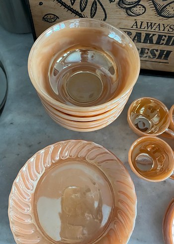 Antika parlak  sarı seramik cam fincan kase ve tabak - Görsel 5