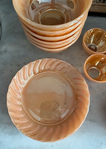 Antika parlak  sarı seramik cam fincan kase ve tabak - Görsel 6