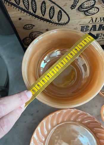 Antika parlak  sarı seramik cam fincan kase ve tabak - Görsel 8