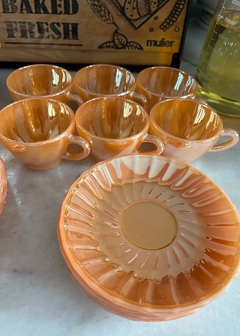 Antika parlak  sarı seramik cam fincan kase ve tabak - Görsel 3