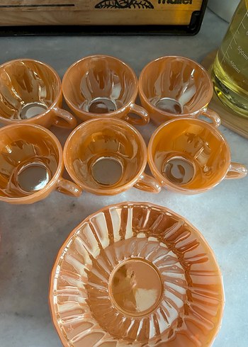 Antika parlak  sarı seramik cam fincan kase ve tabak - Görsel 4