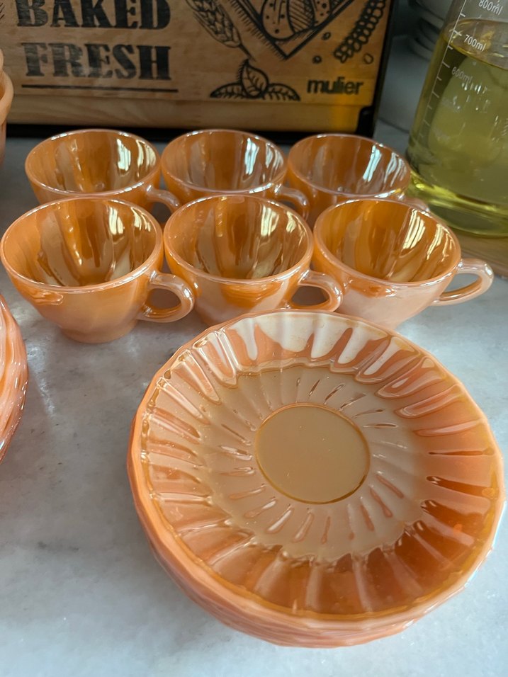 Antika parlak  sarı seramik cam fincan kase ve tabak - Görsel 3