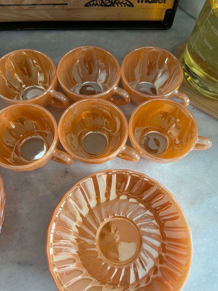 Antika parlak  sarı seramik cam fincan kase ve tabak - Görsel 4