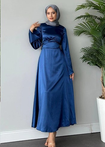 Kadın Lacivert Uzun Kollu Saten Elbise 36 beden 1 kez giyilmiş - Görsel 3